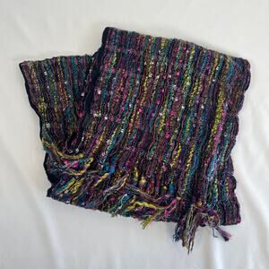 Multicolor Textured Knit Fringe Scarf Stretch Boho Festival Wrap 67" Long Artsy